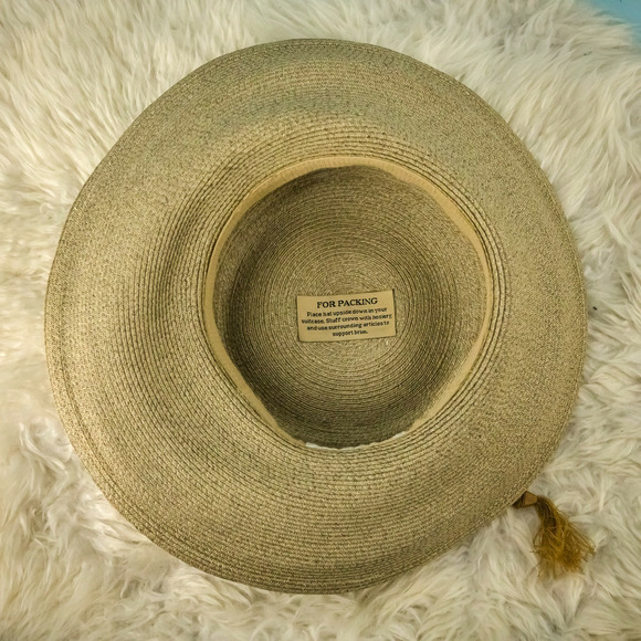 Eric Javits Tan Beige Ribbon Sequin Detail Squishee Packable Straw Sun Hat - Picture 4 of 6